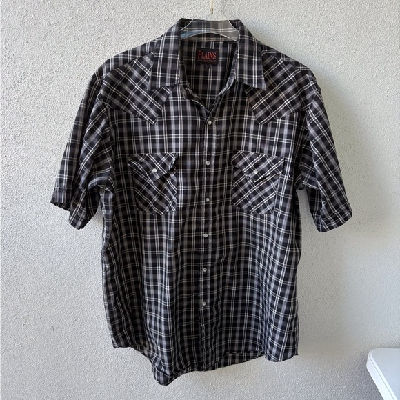 Plains Western Wear Black plaid Pearl snap L Short sleeve Cowboy Rodeo - Picture 1 of 6